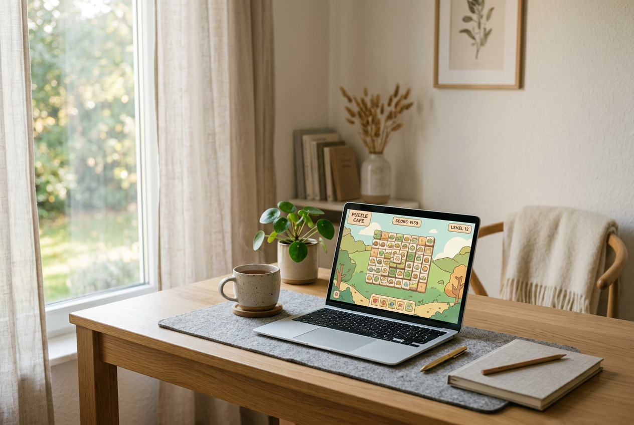 Békés asztali környezet laptop-pal, amelyen rejtvény- és alkalmi játékok láthatók, meleg természetes fénnyel, logók nélkül
